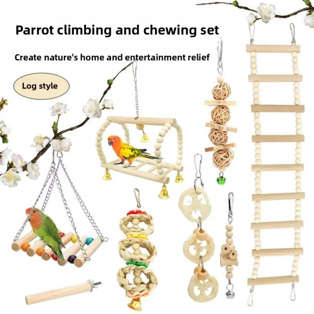 8Pcs Set Wood Parrot Set Bell Perch Hanging Hammock Combination Bird Swing Climbing Ladder Parrot Training Cockatiel