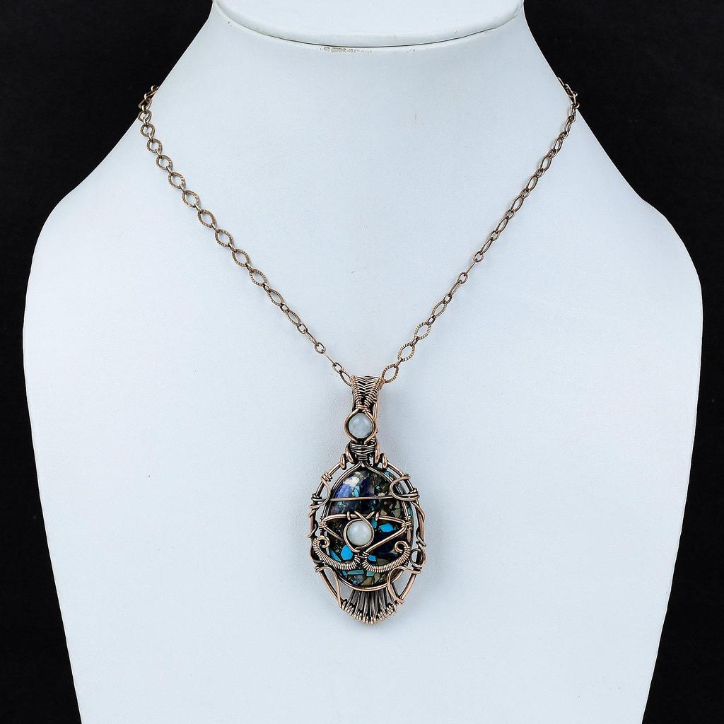 Evil Eye Copper Multi Turquoise Pendant Copper Wire Wrapped Pendant Moonstone Gemstone Pendant Copper Jewelry Gift For Her Handmade Pendant