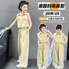 Girls' Summer Set 2026 New Casual Sleeveless Shirt, Wide Leg Pants, Two Piece Set, Medium and Large, Stylish and Trendy for Children