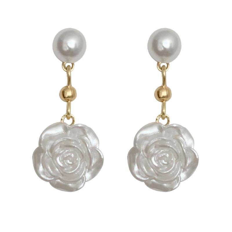 Super Fairy Camellia Pearlescent White Rose Pearl Earrings, Temperament New Light Luxury Stud Earrings