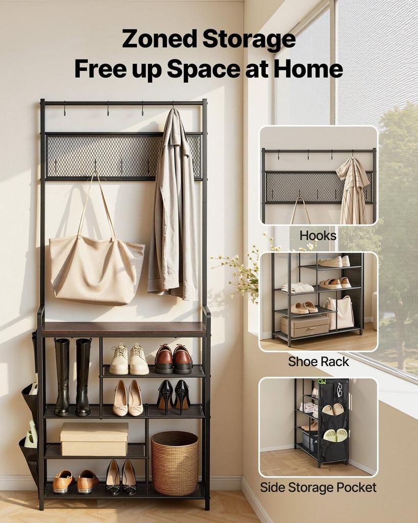 Hall Tree, 1800 mm Coat Rack with Shoe Storage, Freestanding 4-Tier Shoe Rack Organizer with Hooks, Side Pocket and Wire Shelf, Steel Frame Entrance
