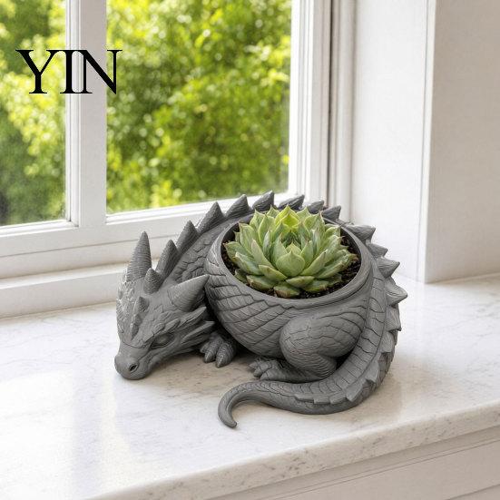 Unique Succulents Container 3D Printed Lying Dragon Flowerpot for Small Green Plants, Decorative One-piece Pot Ornament, Dark Style Figurine
