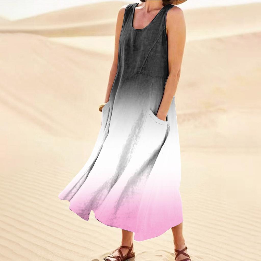 Женское повседневное удобное хлопковое карманное платье без рукавов с градиентным принтом