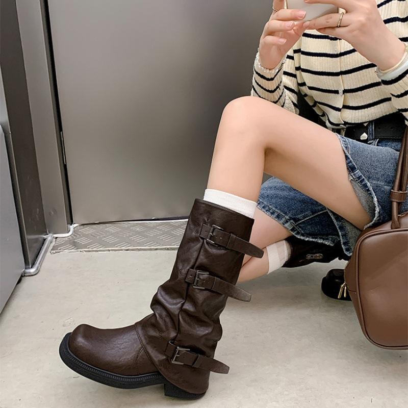 2025 New Heightening Black Tube Pants Tube Boots Female Western Cowboy Knight Boots Thick-soled Pleated Stacking Boots