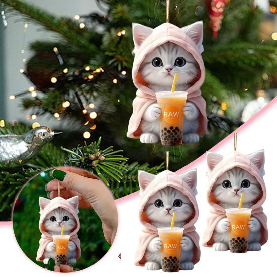 Подвеска для автомобиля 2D Котенок в толстовке с капюшоном, держащий молочный чай, легкая школьная сумка, сумка через плечо, подвеска с цепочкой из бисера, праздничный подарок