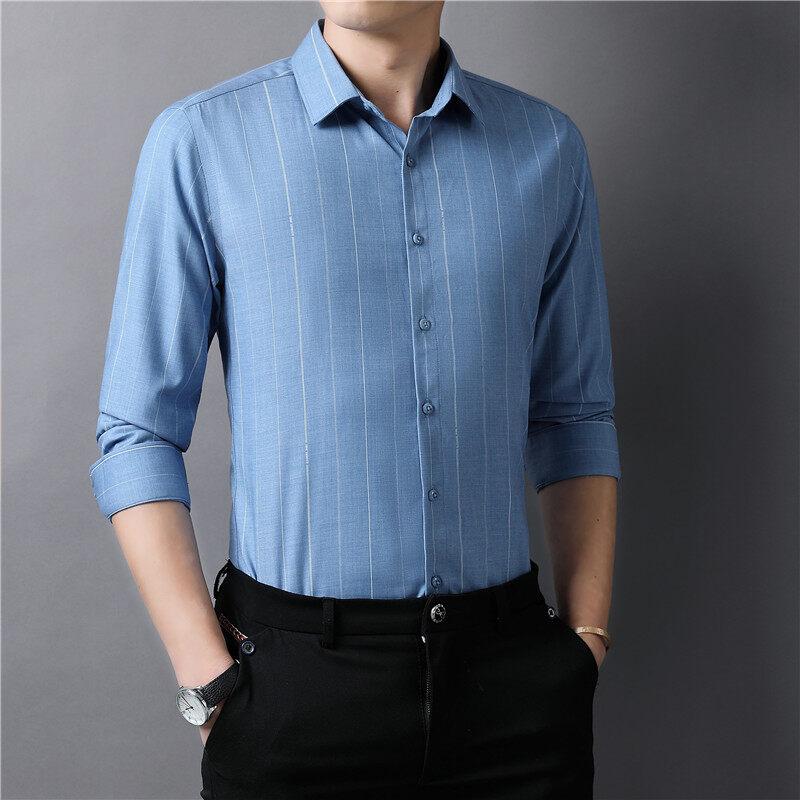 Мужские полосатые рубашки с длинным рукавом, деловая повседневная официальная рубашка для мужчин