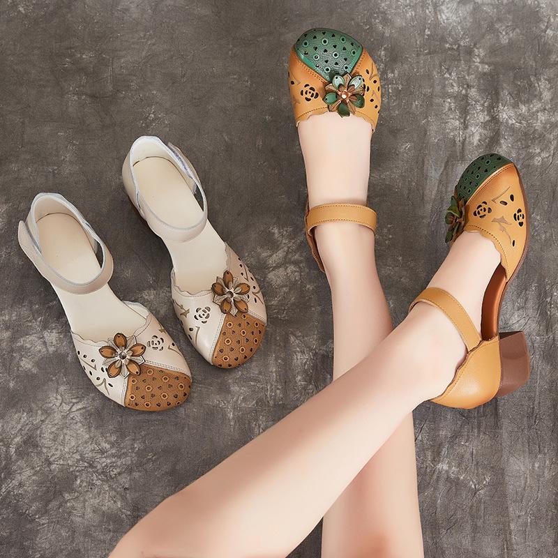 Women's Shoes Summer Leather Sandals Cowhide Chunky Heel Soft Bottom Ethnic Sandals