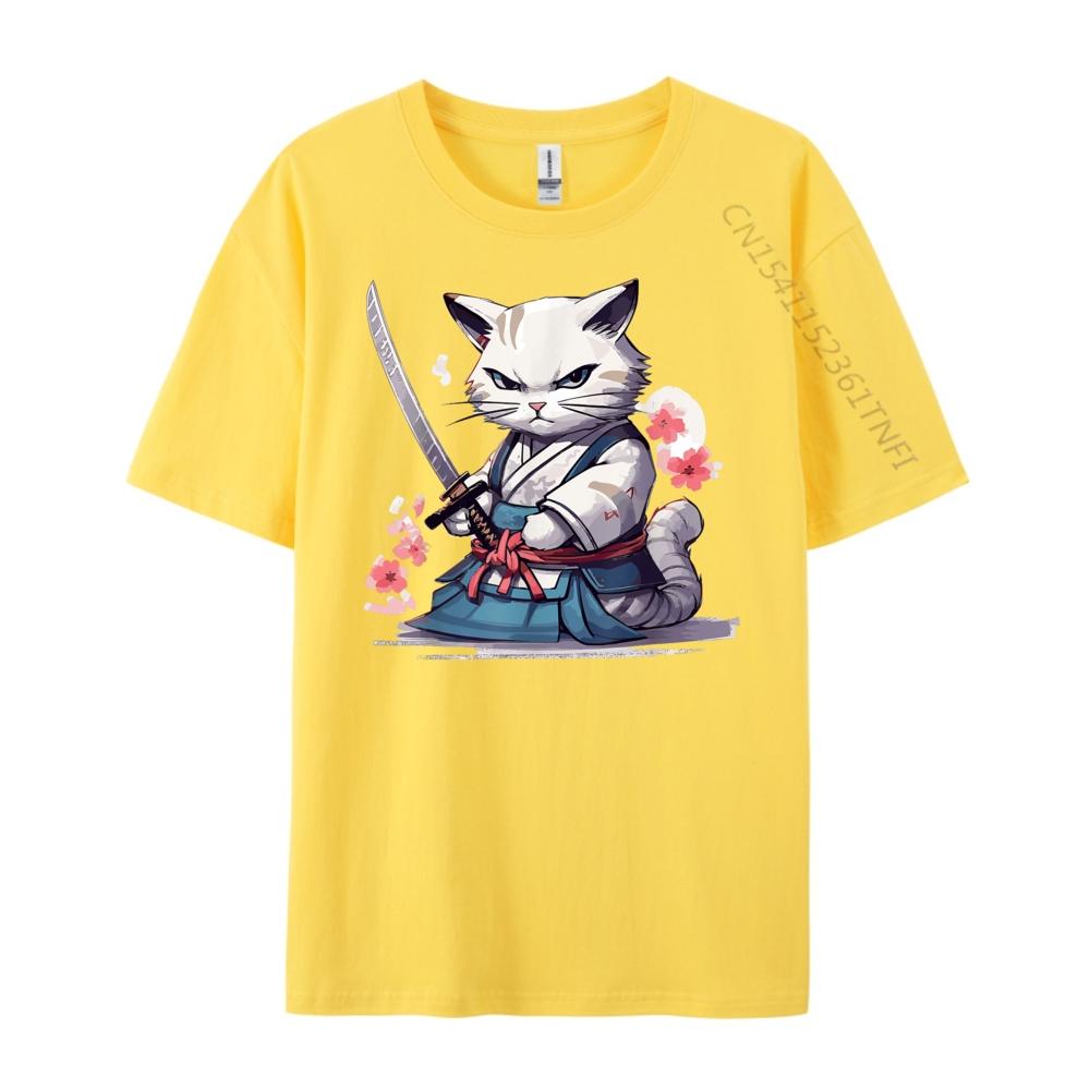Cat With Katana Japan Cat Samurai Warrior Funny Shirts T Shirts For Unisex Plus Size Family Fashion T Shirt Unisex Cotton T Shirt Men