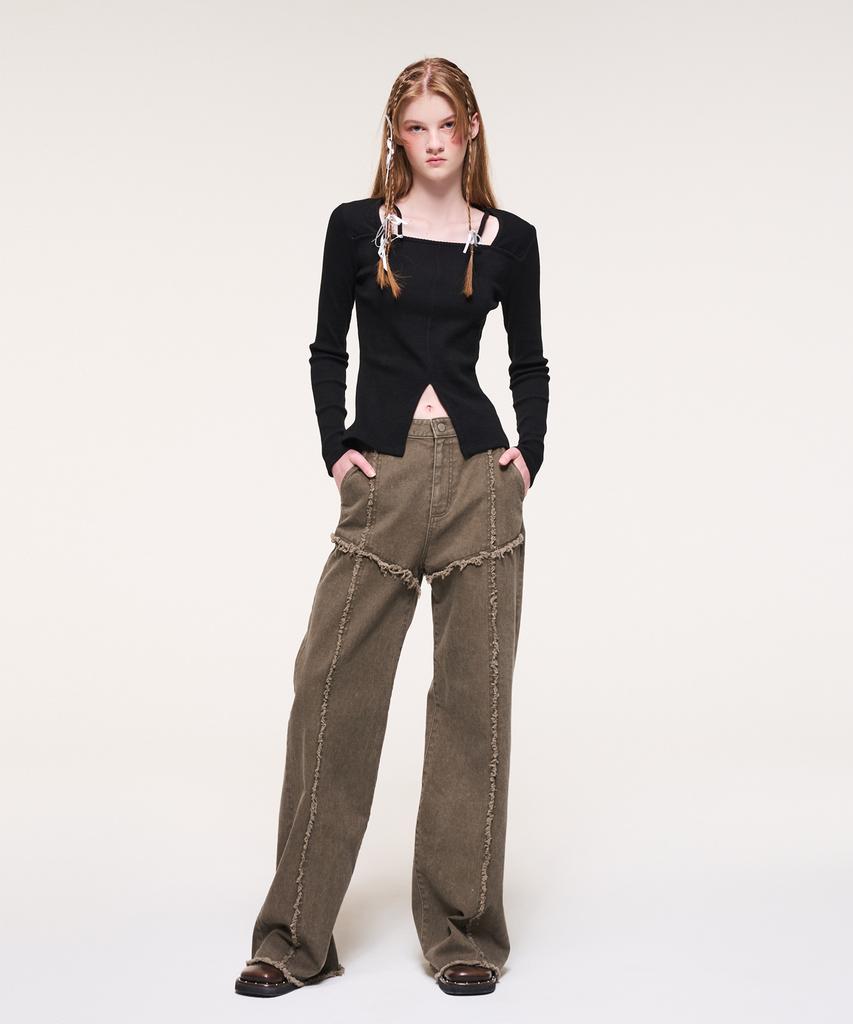 ETMON Damage Denim Pants, Khaki Brown