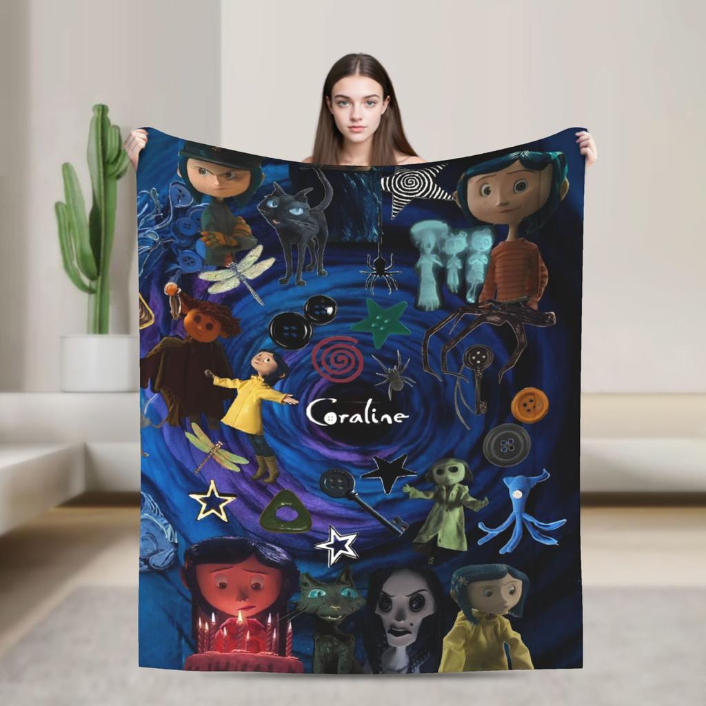 Coraline Halloween Horror Blankets Fleece Print Multifunction Lightweight Throw Blankets for Bed Bedroom Bedspread