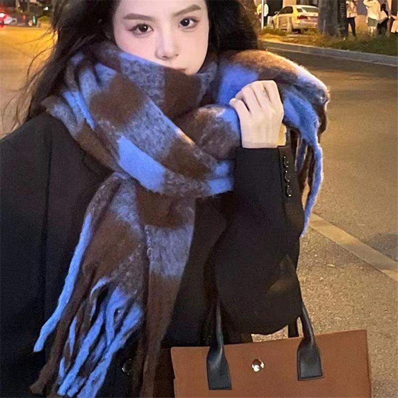 Cashmere Plaid Grid Scarf for Women Autumn Winter Thickened Warm Wrap Windproof Pashmina Scarves