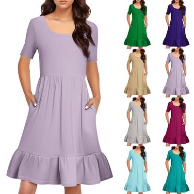 Женское повседневное платье с круглым вырезом и короткими рукавами, однотонное свободное платье с плиссировкой на талии