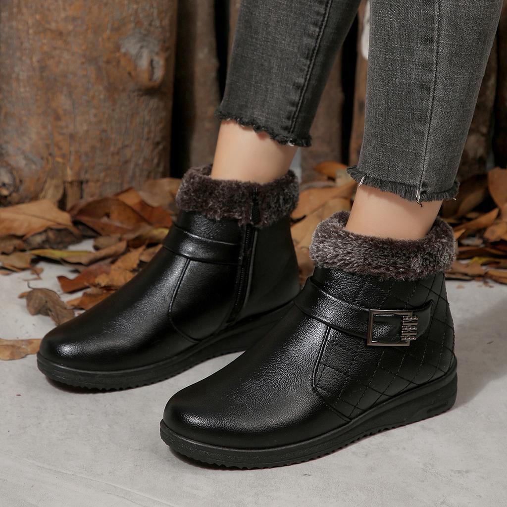 Retro Metal Belt Buckle Decoration Furry Ankle Boots Women Winter Soft Pu Wedge Heel Side Zip Boots Comfort Mom'S Shoes
