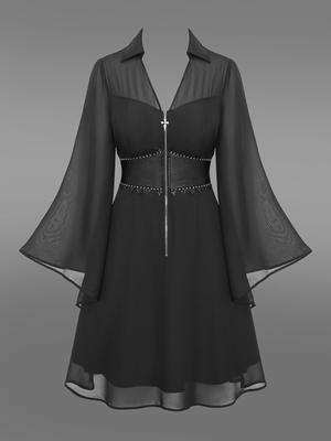 Rosegal Gothic Расклешенные рукава Отложной воротник Перекрестная молния на половину длины Кружевная отделка Многослойный корсет из искусственной кожи Однотонное шифоновое платье А-силуэта