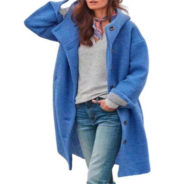 Women Midlength Casual Coat Hooded Long Sleeve Solid Color Autumn Outerwear with Pockets and Buttons Placket