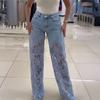 Женские кружевные джинсы в стиле пэчворк, повседневные мешковатые прямые широкие джинсовые брюки со средней талией и цветочным принтом