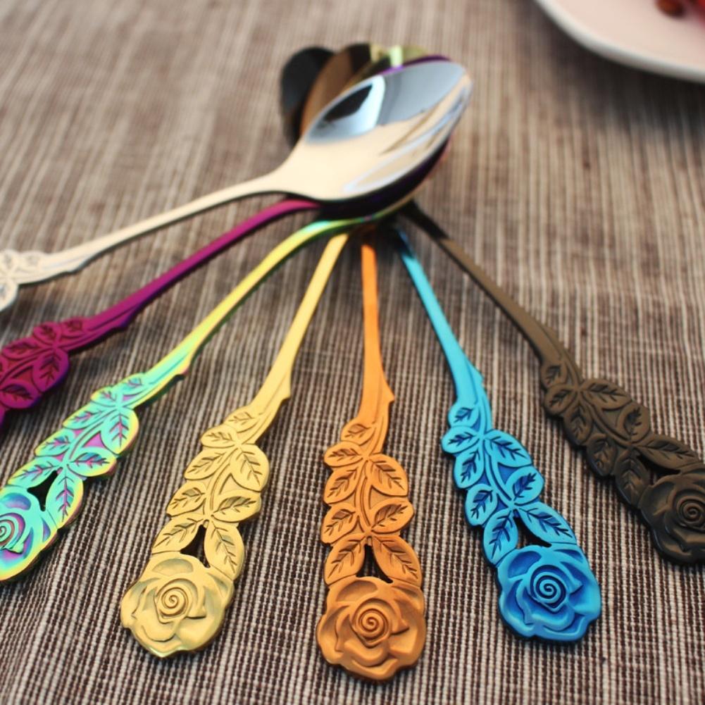 Симпатичная ложка с розой из нержавеющей стали, западная еда, десерт, суп, кофейный напиток, ложка