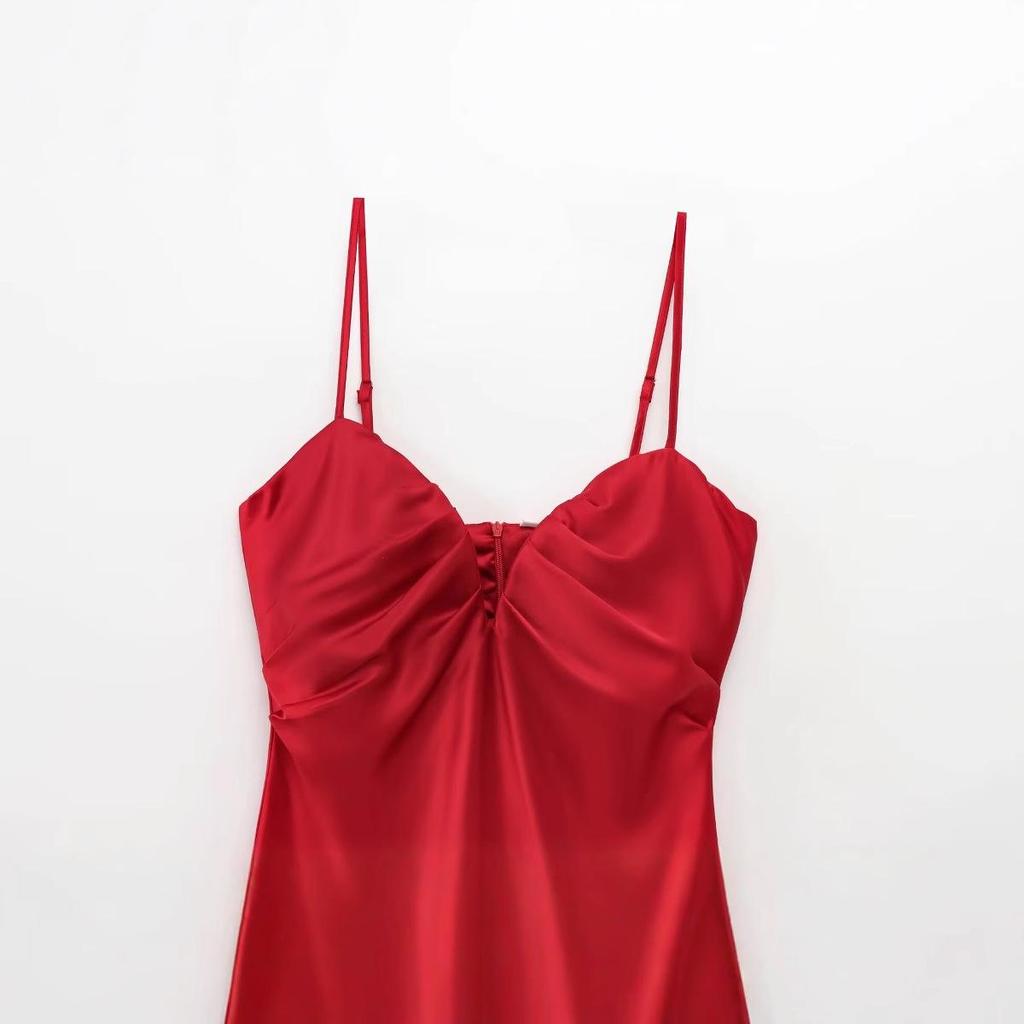 2025 Spring Women's European & American Style Silk Satin Red Heart Neckline Midi Dress