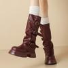 Мода Женщины Платформа Середина Икры Высокие Сапоги Высокий Каблук Кожаные Туфли Бренд Мода Снег Зима 2025 Тренд Готика Челси Толстые Ботинки Mujer