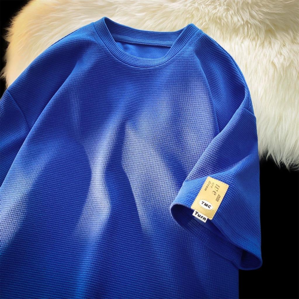 Мужская футболка с коротким рукавом из плотной вафельной ткани, летняя простая свободная однотонная футболка в гонконгском стиле