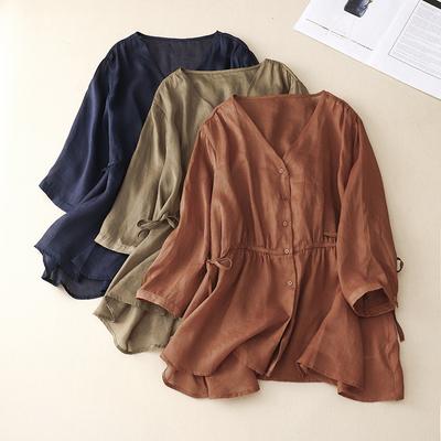 Летняя тонкая хлопково-льняная блузка, однотонный простой кардиган, свободный тонкий топ для женской рубашки
