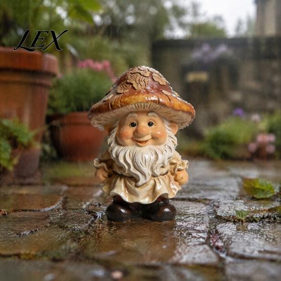 Retro Style Patio Decoration Mushroom Cap Gnome Statue, Resin Garden Figurine, Waterproof Landscaping Decor Cute Sculpture for Yard Indoor Table
