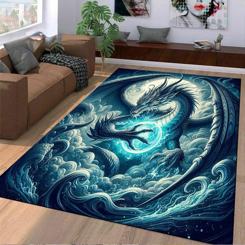 Dragon Carpet with Mystical Blue Orb Design, Fantasy Style Decor Suitable for use as an anti-slip for living room bedroom sofas
