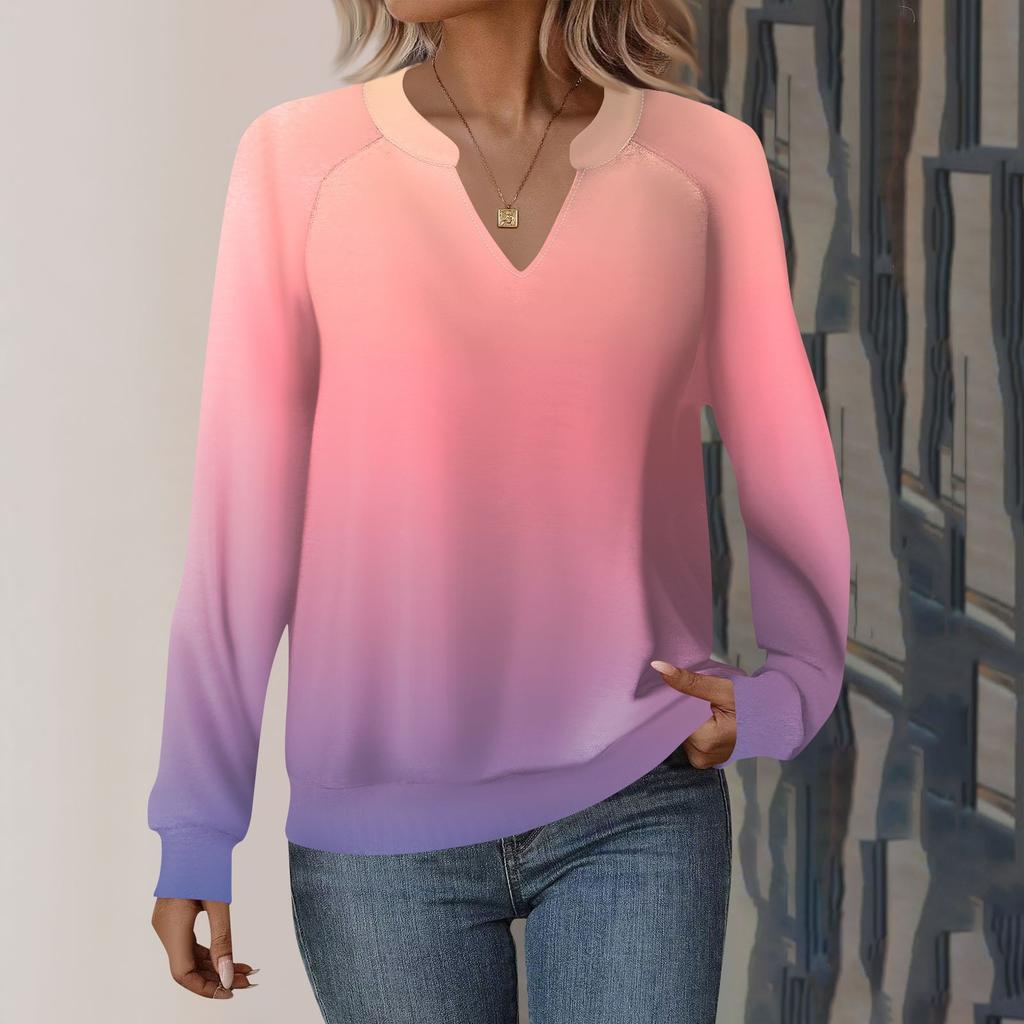 Женская повседневная толстовка с длинным рукавом и V-образным вырезом, свободный пуловер с градиентным принтом