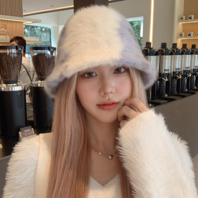 New Autumn and Winter High-end Tie-dye Rabbit Hair Contrasting Color Hair Bucket Hat Women's Outdoor Travel Fashion Basin Hat
