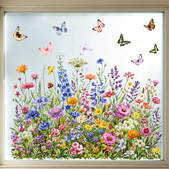 Home Window Beautification Flowers And Butterflies Static Glass Sticker, Floral Clings, Decorative Sticker for Non Adhesive Cling Store Decoration,