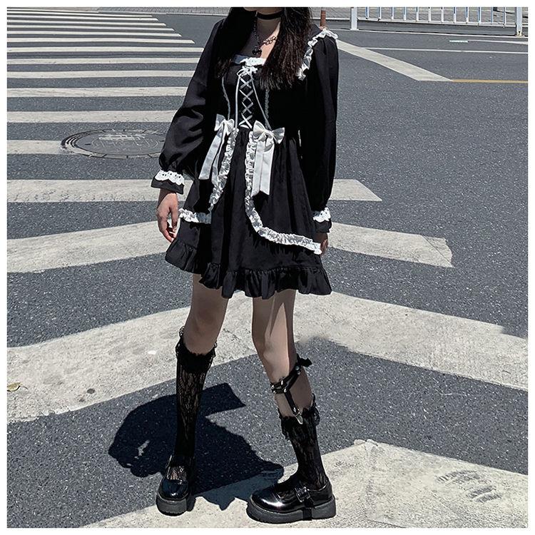 Японское готическое платье Лолиты, женское винтажное платье с квадратным воротником и длинными рукавами для молодой девушки, платье с высокой талией и пышными рукавами, кружевное платье с оборками