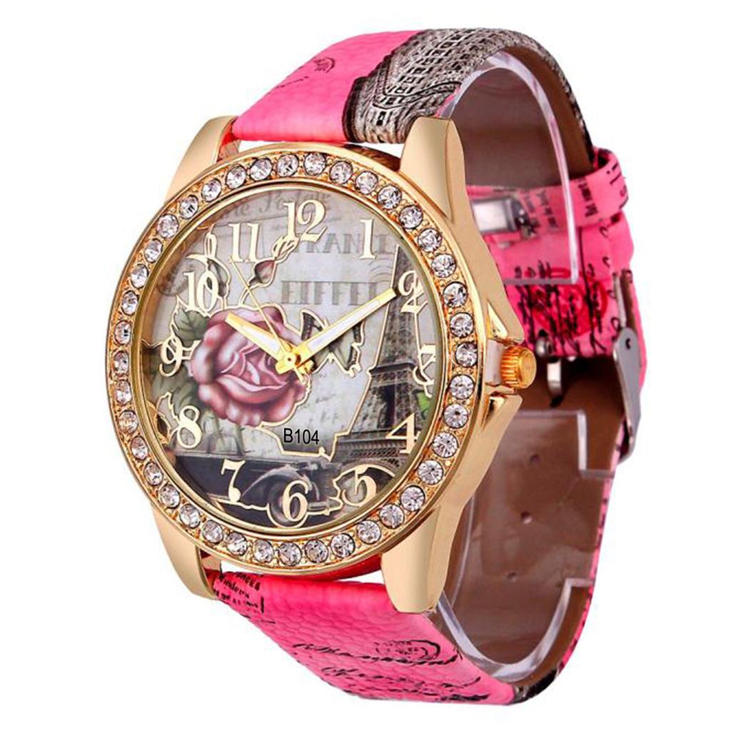 Rose Pattern Leather Band Analog Quartz Wrist Watches PK