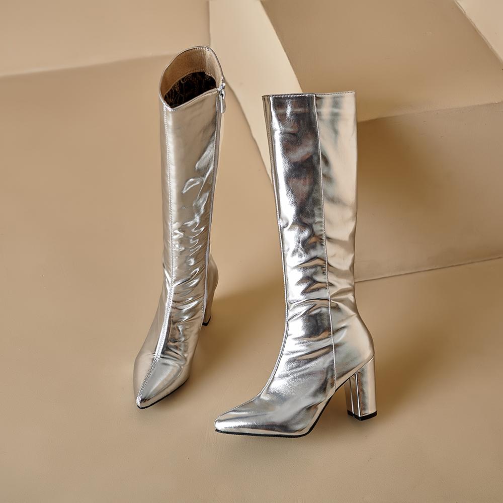 Золотые серебряные женские сапоги до колена на высоком каблуке, маленькие большие размеры 32 46