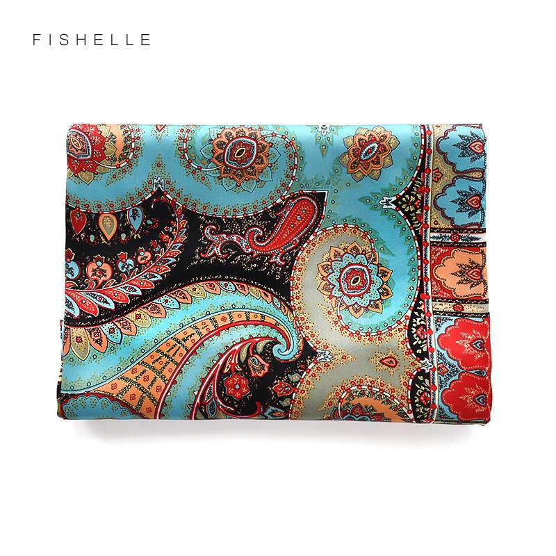 Peacock Blue Natural Satin Silk Scarf 110cm Big Square Bandana Printed 100% Pure Silk Scarves Women Luxury Shawl Gift for Lady