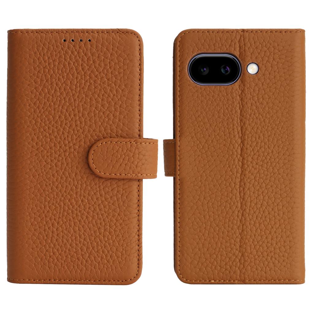 For Google Pixel 9a Stand Case Litchi Texture Genuine Cow Leather Wallet Phone Cover RFID Blocking