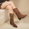 2024Vintage Pointed Toe Western Cowgirl Boots Fashion Slip On Shoes Autumn Winter Square Heel Women's Suede Short Booties