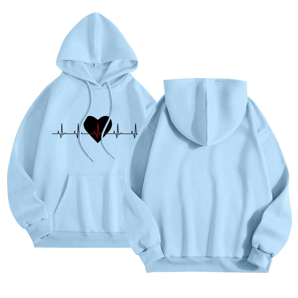 Женский повседневный комфортный плюшевый свитер с длинным рукавом и свободным воротом с капюшоном и принтом Heart Beat