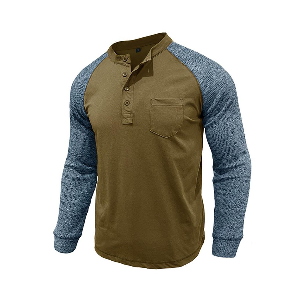 Men's Round Neck Ribbed Long Sleeved Bottoming Shirt Tough Guy Contrast Color Retro Button Men's T-shirt Top