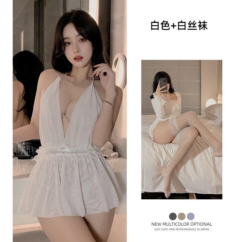 Sex underwear neck skirt European and American French nightgown dinner bar uniform mesh backless perspective nightclub dress