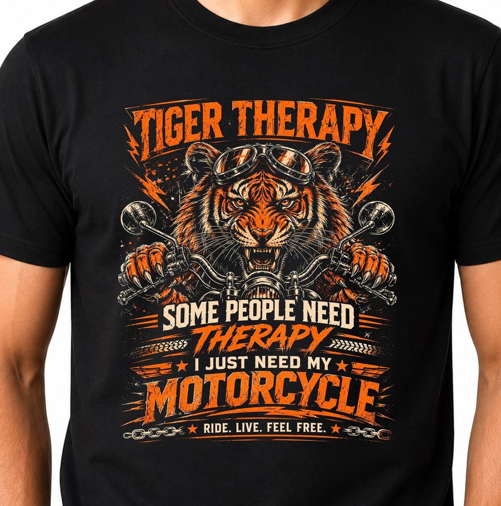 Tiger Therapy Biker T-Shirt Motorcycle Funny Rider Ride Live Free Graphic Tee.