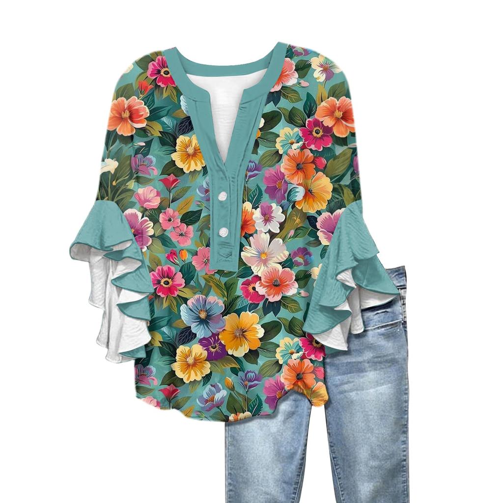 Summer Women's Tops V-Neck Seven Sleeve Shirt Spring Summer Floral Printed Tops Casual Shirt
