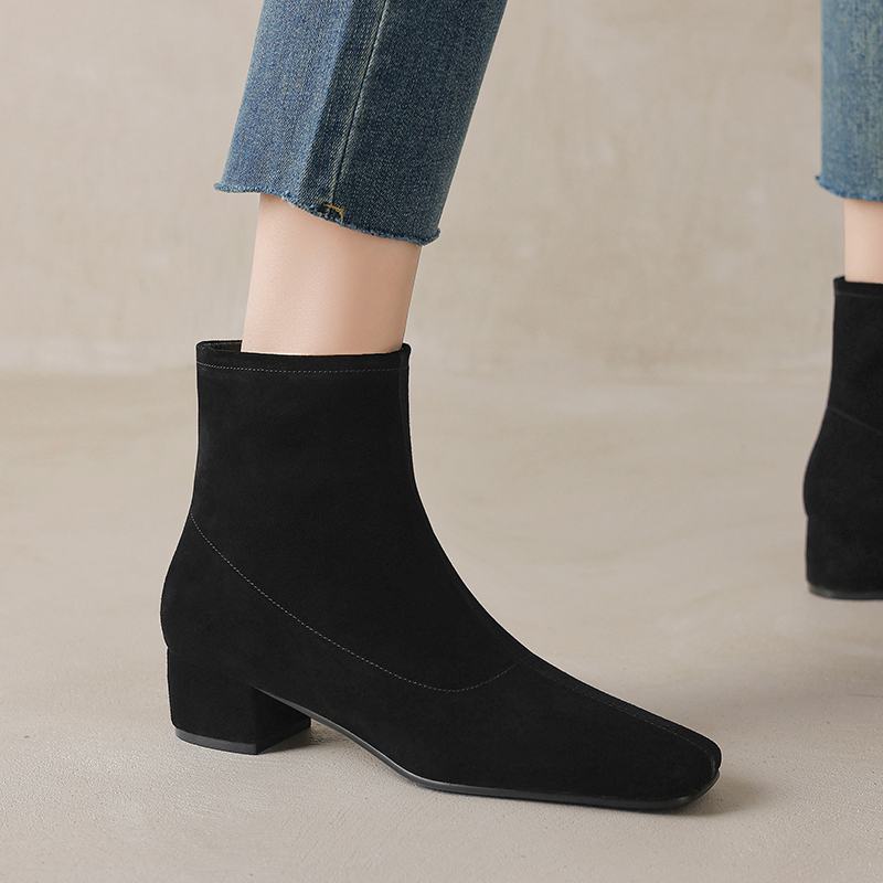 Krazing Pot Cow Suede Winter Med Heels Chelsea Boots Square Toe Women Zipper Size 43 Ankle Boots