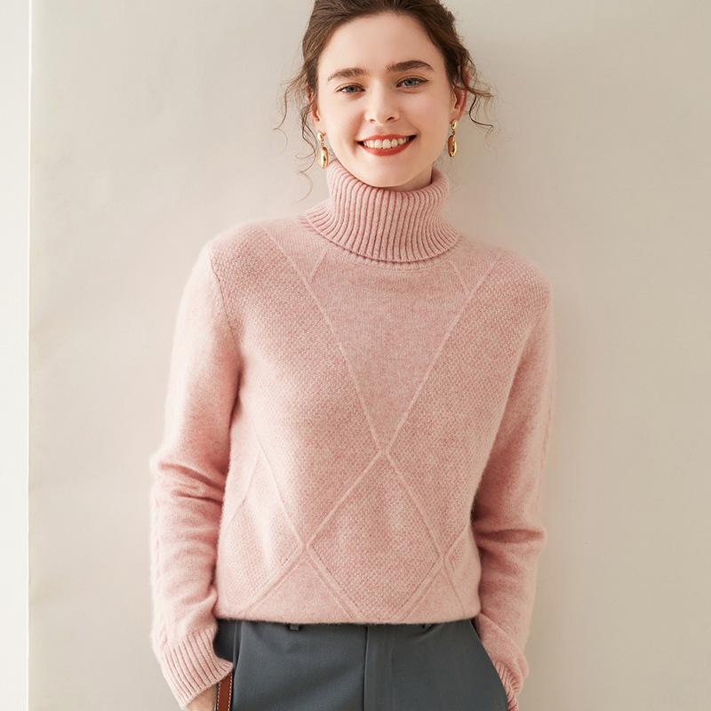 Женский кашемировый свитер с высоким воротником ромбовидной вязки - Плотный, стильный базовый слой для осенне-зимних нарядов