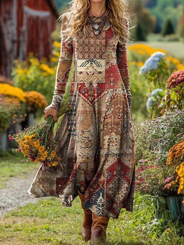 Женское среднедлинное платье в богемно-ретро стиле с принтом, А-силуэта, для отпуска