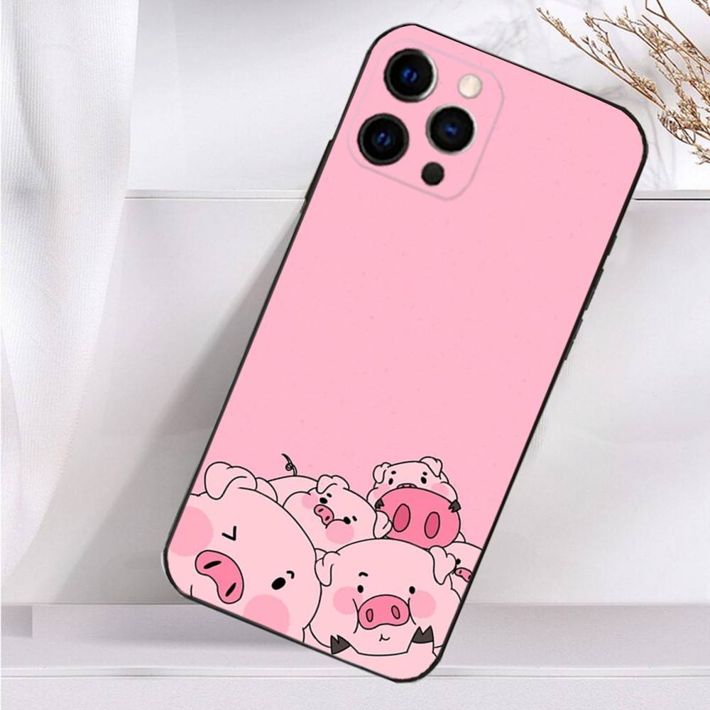 Милый мультяшный поросенок Чехол для телефона iPhone 16,15,14,13,12,11 Plus,Pro Max,XS,X,XR,SE,Mini,8,7 Мягкий силиконовый Черный чехол