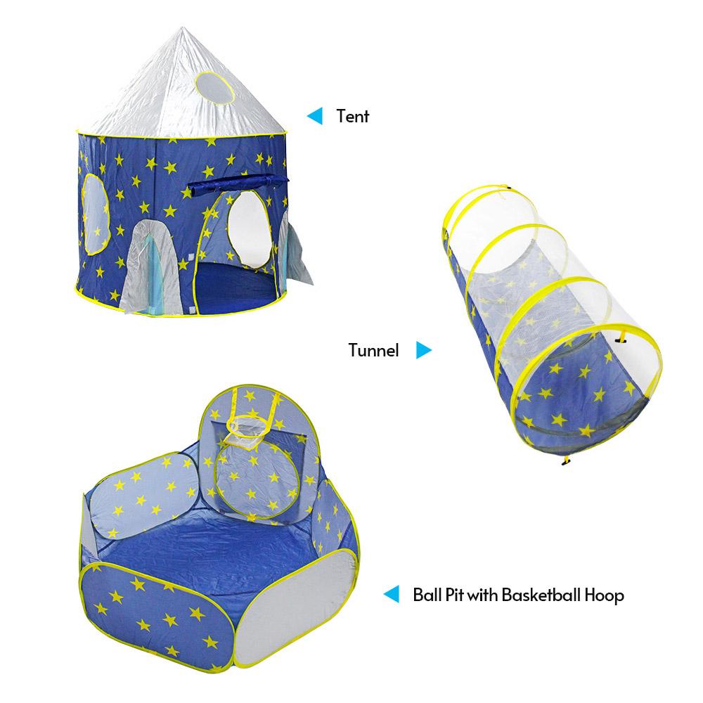 3 In 1 Kids Play Tent Crawl Tunnel Ans Ball Pit with Basketball Hoop Rocket Space Tent for Kids