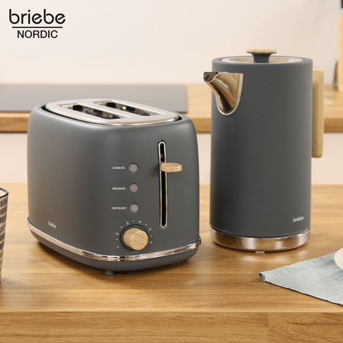 Nordic Ensemble Grille Pain 2 Fentes Larges, Bouilloire Électrique 1,7L sans BPA Briebe SKT1167GRY 2200W Gris