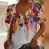 Women's Fashion Temperament Color Printed V-neck Short Sleeved T-shirt