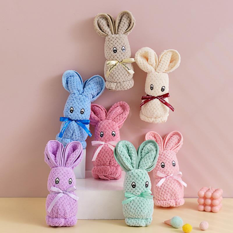 Soft Coral Fleece Bunny Towel 75x35cm Plush Animal Shape Hand Towel for Bathroom Kitchen Travel Use