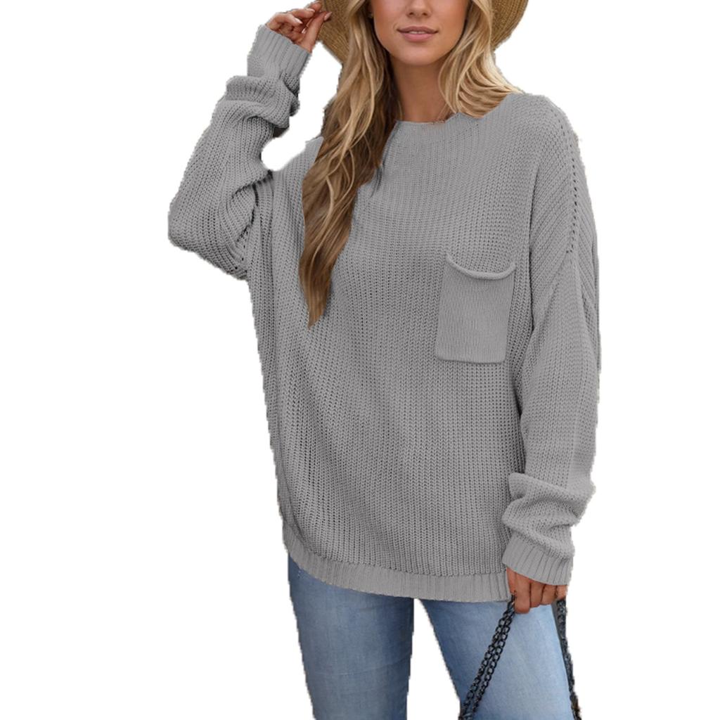 Женский повседневный модный удобный свитер с круглым вырезом, однотонный, с карманами, длинный рукав, уличный тренд, вязаный свитер